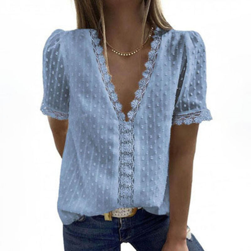 Deep V-neck Embroidered Ruffled Sleeves Front Blouses