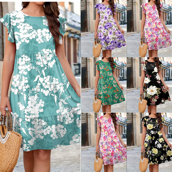 Unique Trendy Printed Cake Flounced Sleeve Dresses