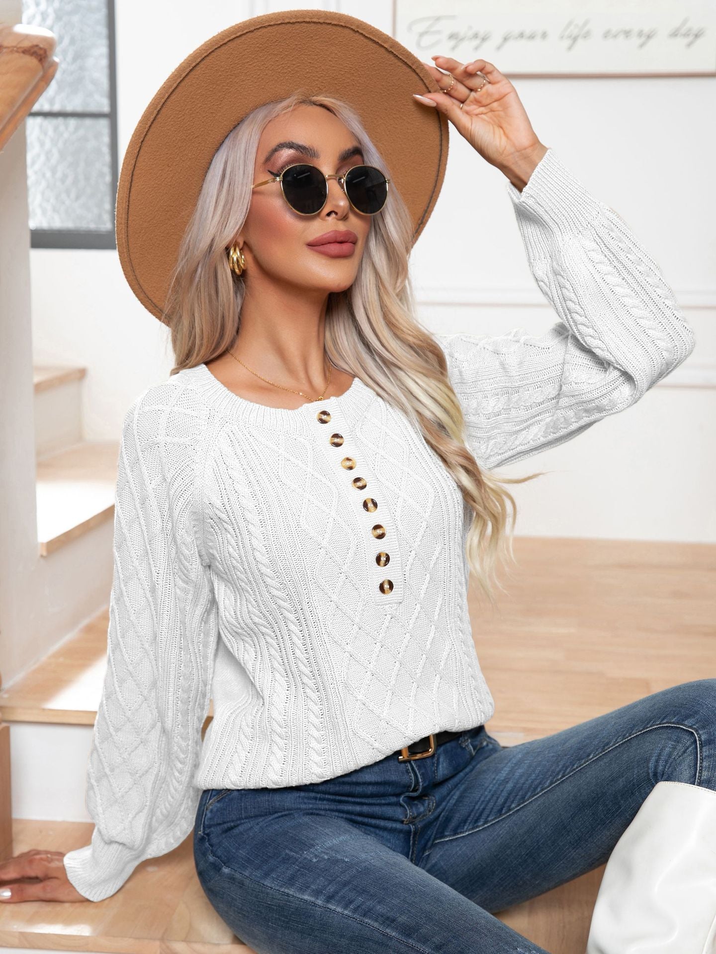 Women's Casual Button Twisted Long Sleeve Twist Sweaters