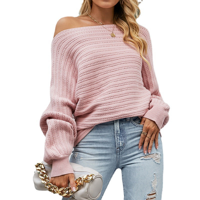 Women's Solid Color Hollow Lantern Sleeve Off-the-shoulder Sweaters
