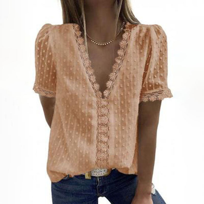 Deep V-neck Embroidered Ruffled Sleeves Front Blouses