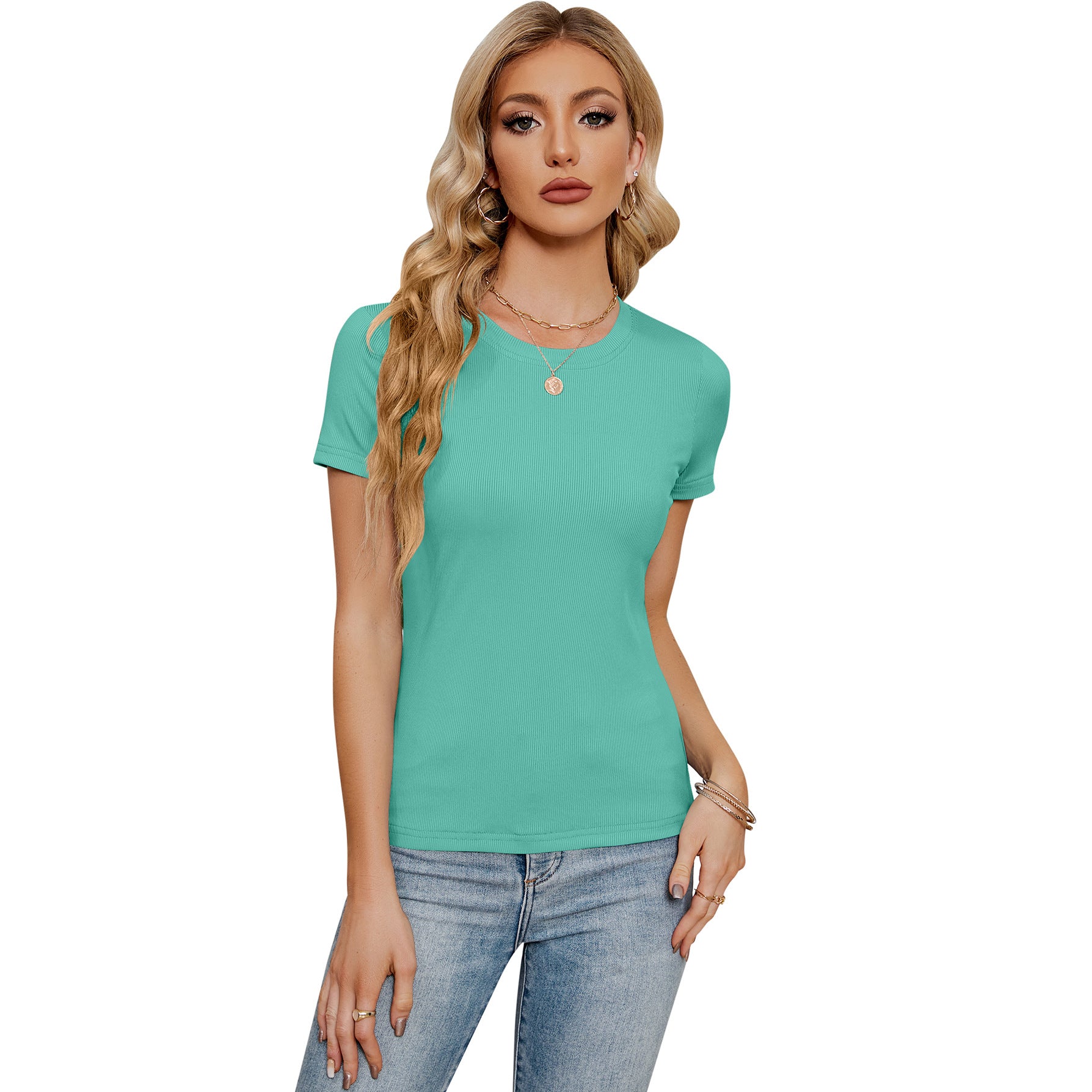 Women's Short-sleeved Round Neck Slim-fit Stretch Blouses