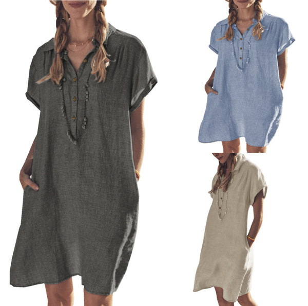 Cotton Linen Shirt Dress Pocket Beach Dresses