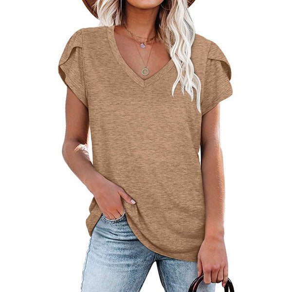 Women's Solid Color V-neck Sleeve T-shirt Blouses