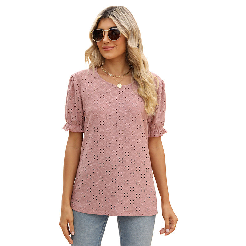 Women's Solid Color Hollow Jacquard Round Neck Blouses