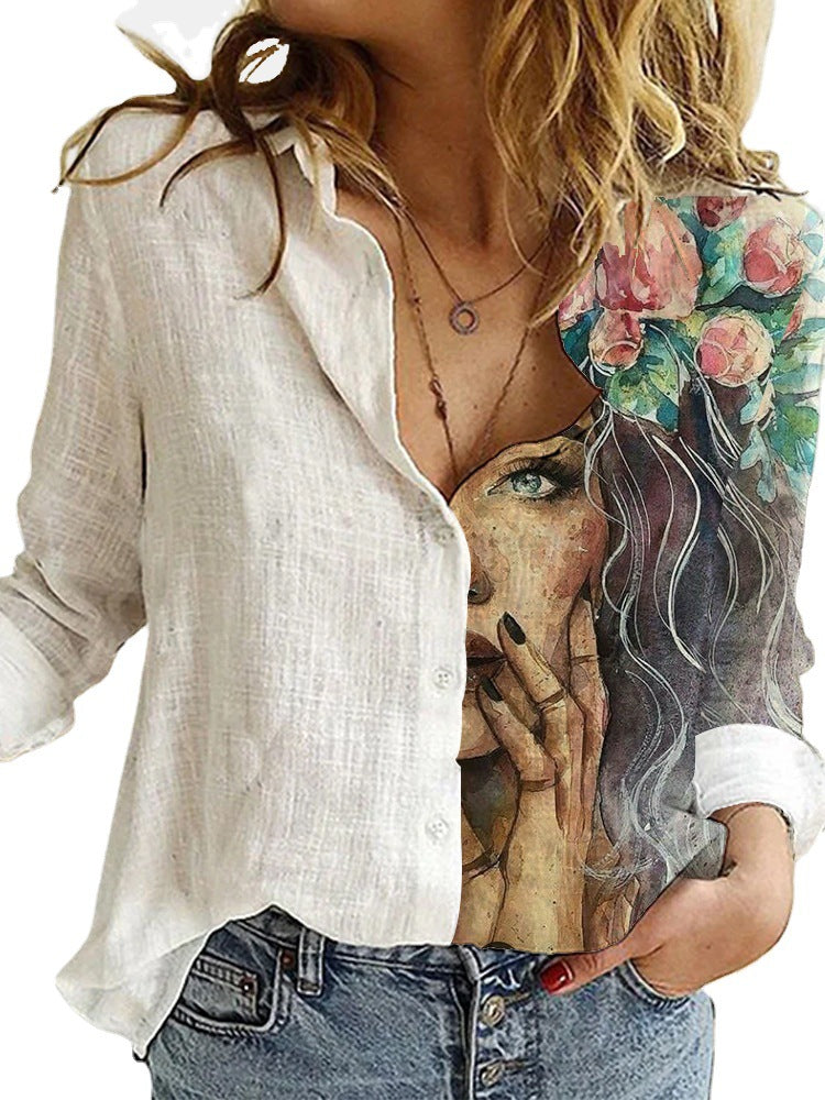 Women's Wear Loose Retro Digital Printing Long-sleeved Blouses