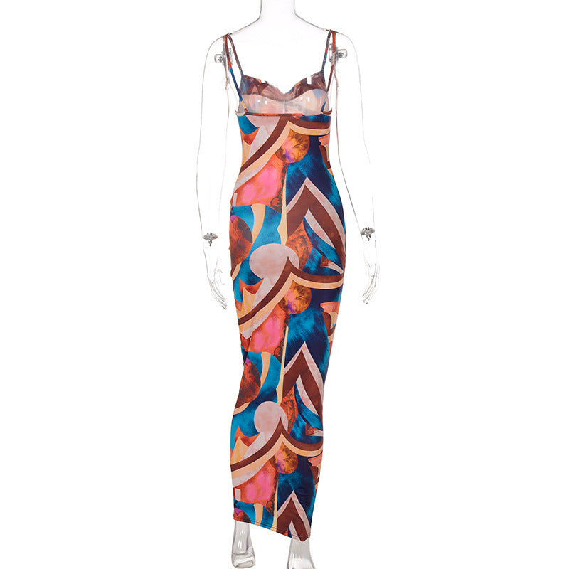 Fashion Printed Slim Fit Slit Backless Tube Dresses