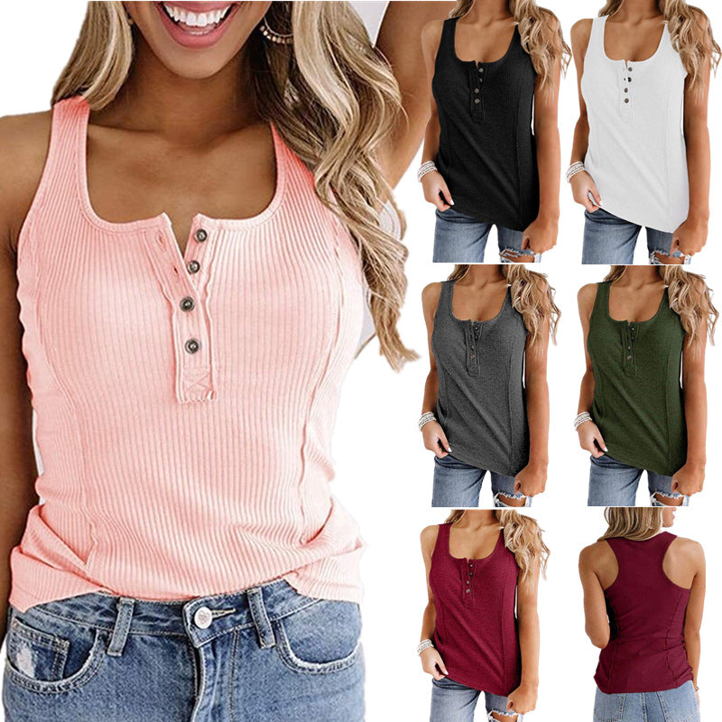 Women's Solid Color Buttons Sleeveless T-shirt Vests