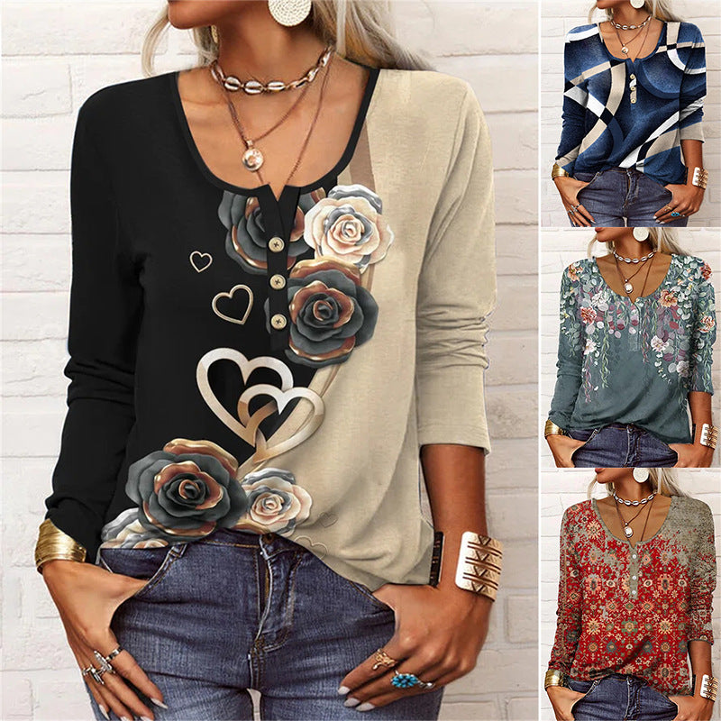 Women's Loose Long-sleeved Geometric Floral U-neck Button Blouses