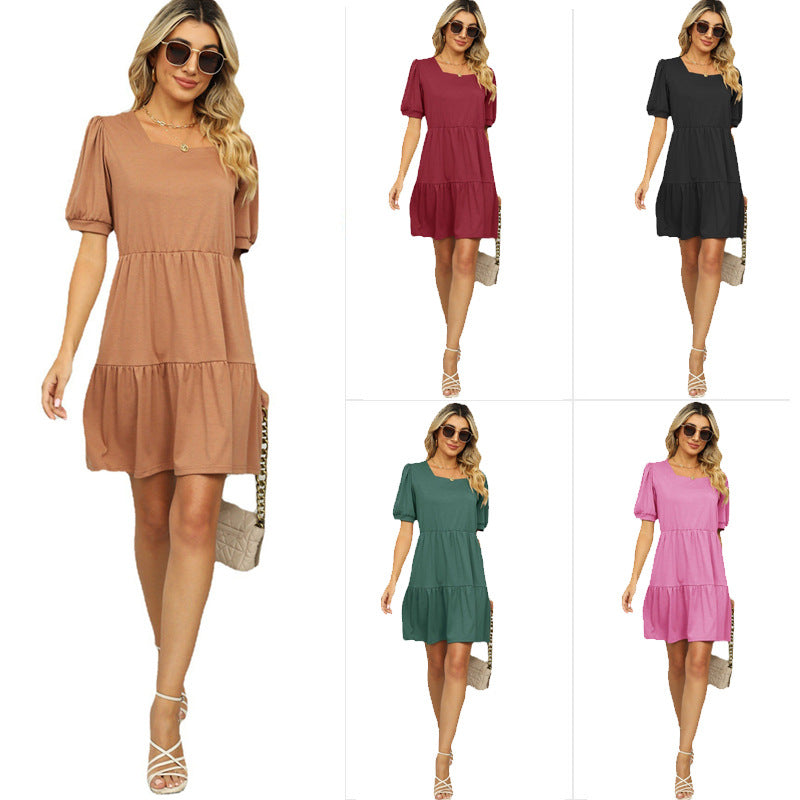 Solid Color Square Collar Sleeve Loose Dresses