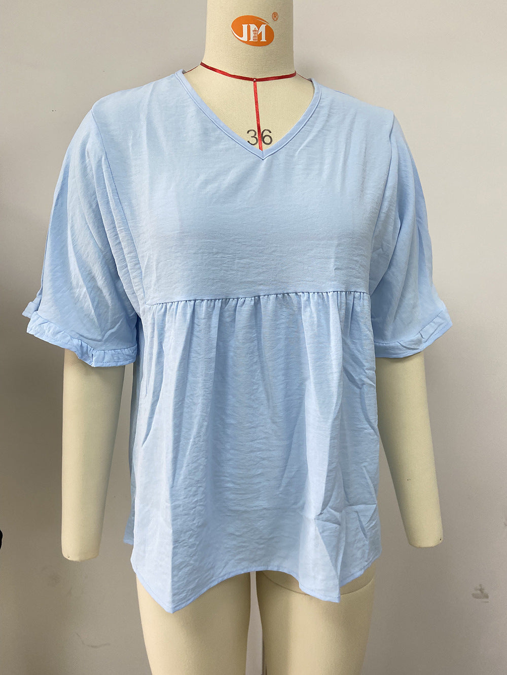 Women's Color V-neck Loose Pleated Stitching Half Blouses