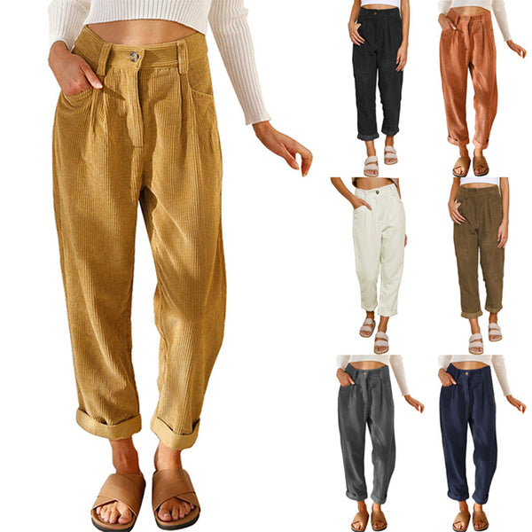 Damen Herbsthose mit hoher Taille, lässig, einfarbig, Cordhose