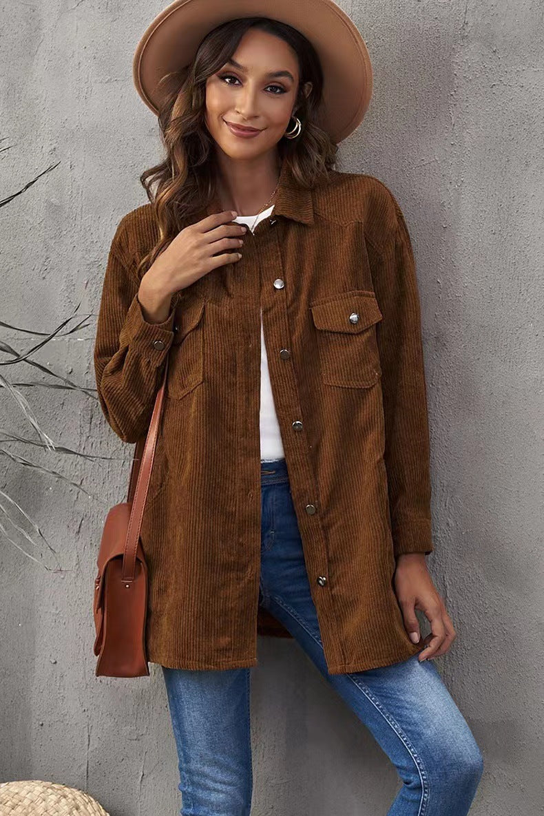 Women's Padded Corduroy Lapel Button Loose Casual Jackets