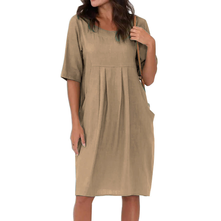 Women's Summer Linen Pleated Pocket Loose Round Dresses