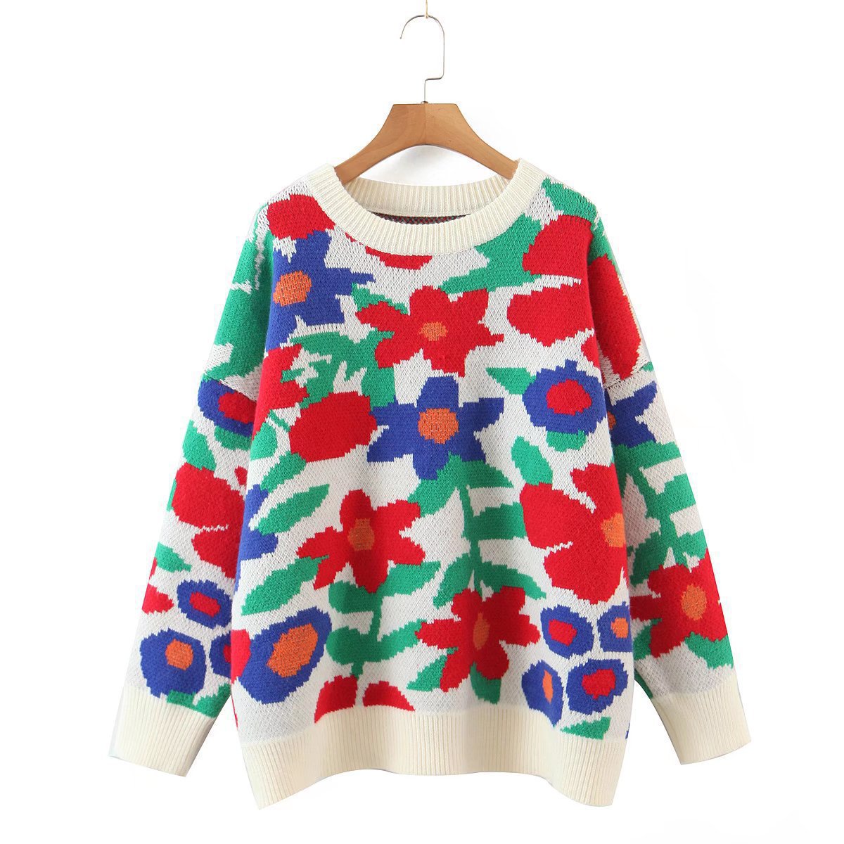 Women's Flower Embroidery Round Neck Loose Long Sleeves Sweaters