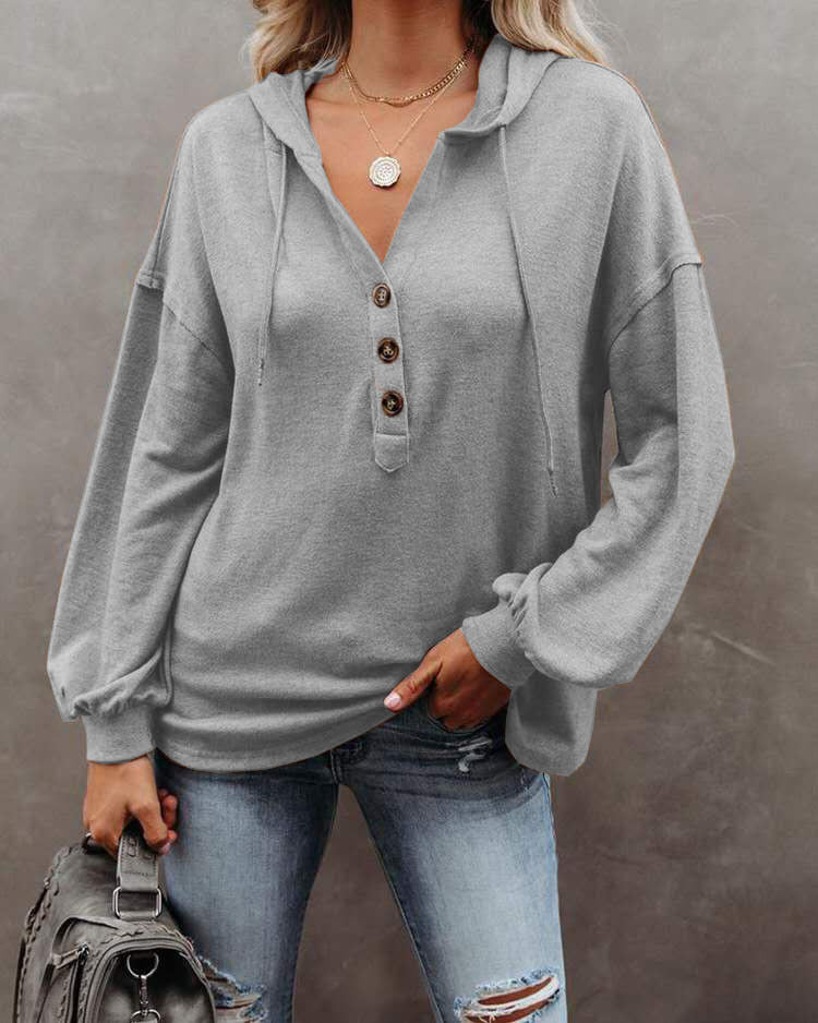 Women's Button Hoodie Casual Loose Solid Color Sweaters