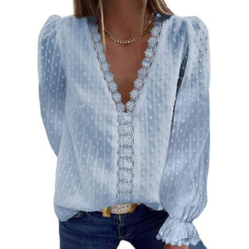 Deep V-neck Embroidered Ruffled Sleeves Front Blouses