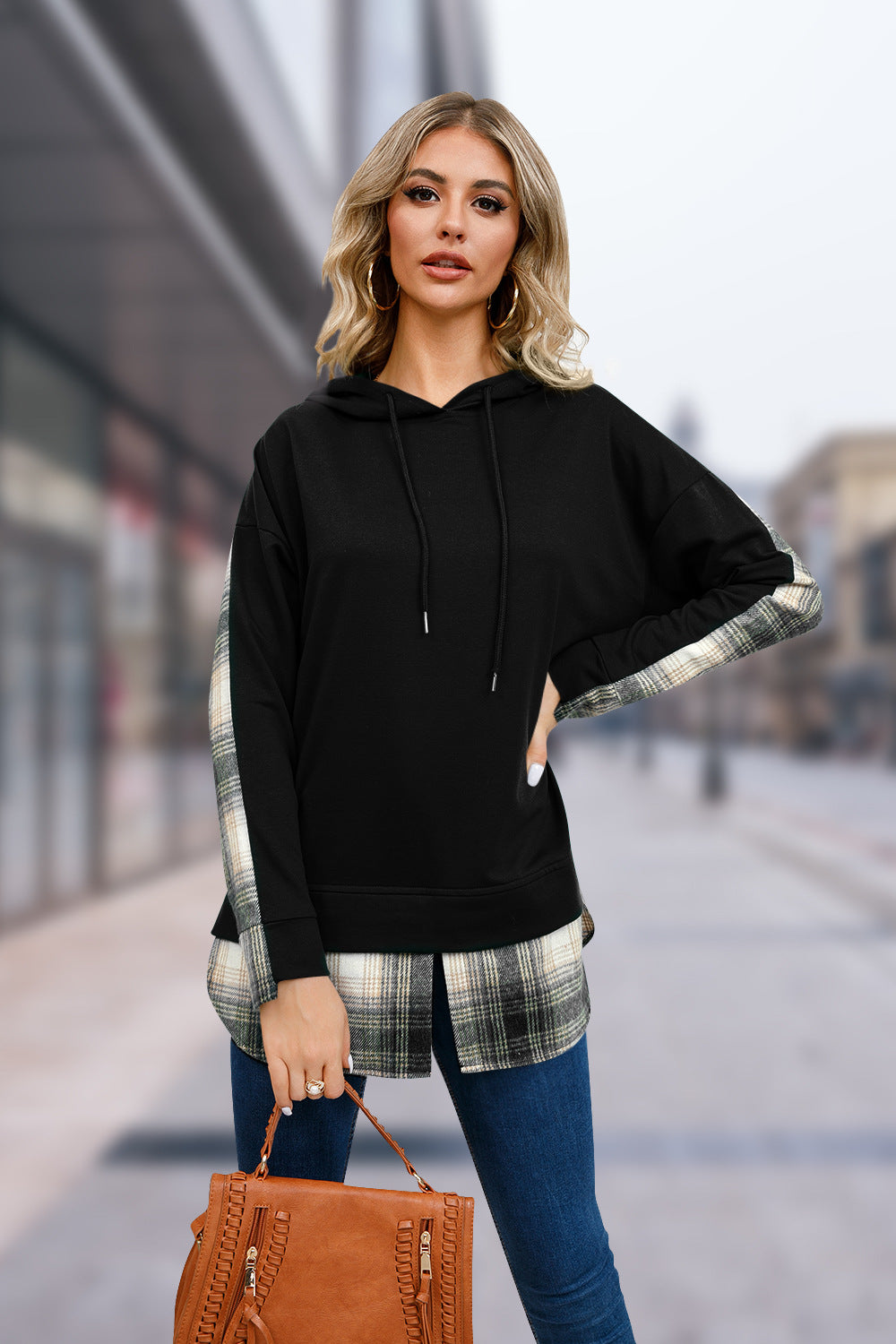 Women's Fashion Hooded Plaid Stitching Split For Sweaters