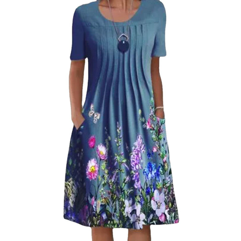 Women's Floral Print Round Neck Pocket Mid-length Dresses