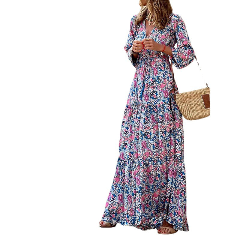 Women's Spring Elegant V-neck Bohemian Printed Large Dresses