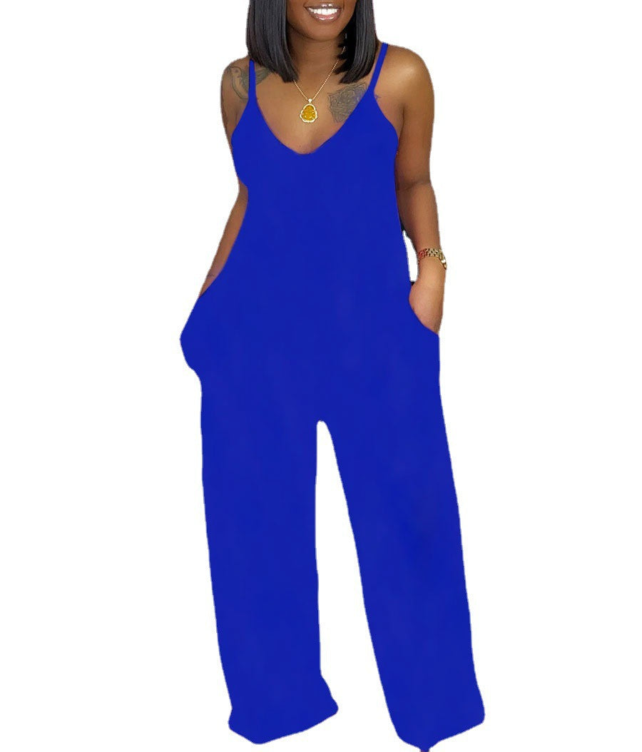 Women's Summer Sexy Deep V-neck Strap Loose Jumpsuits