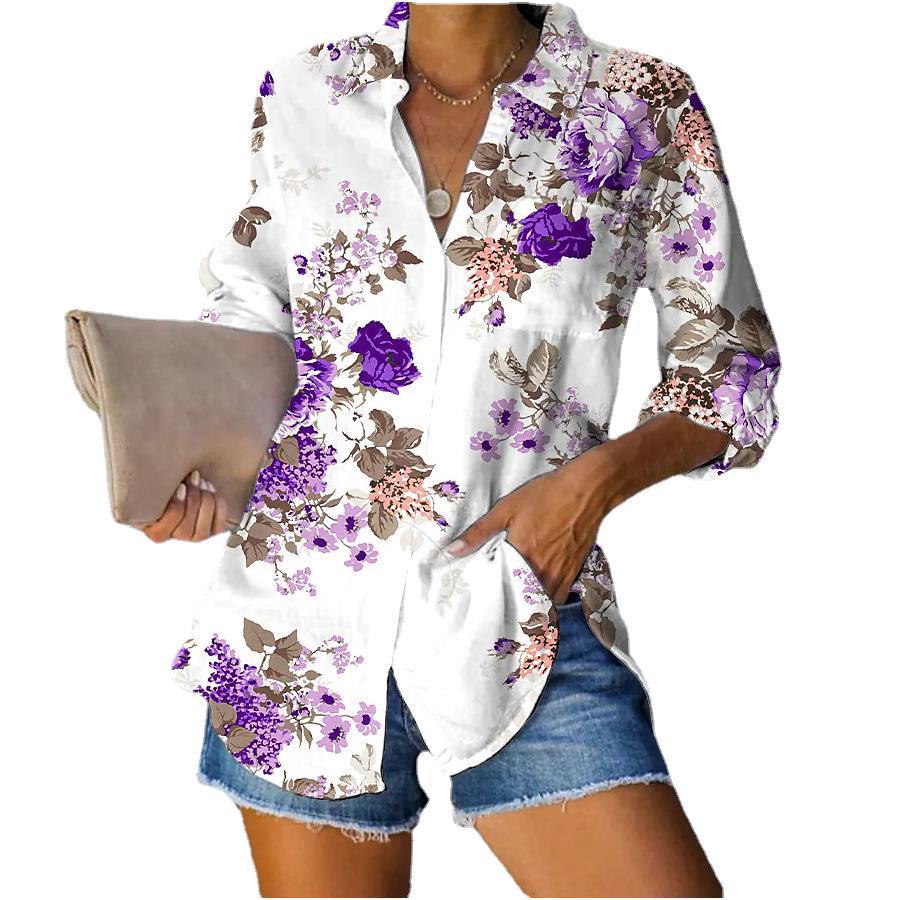 Women's Rose Printed Long Sleeve Button Shirt Blouses