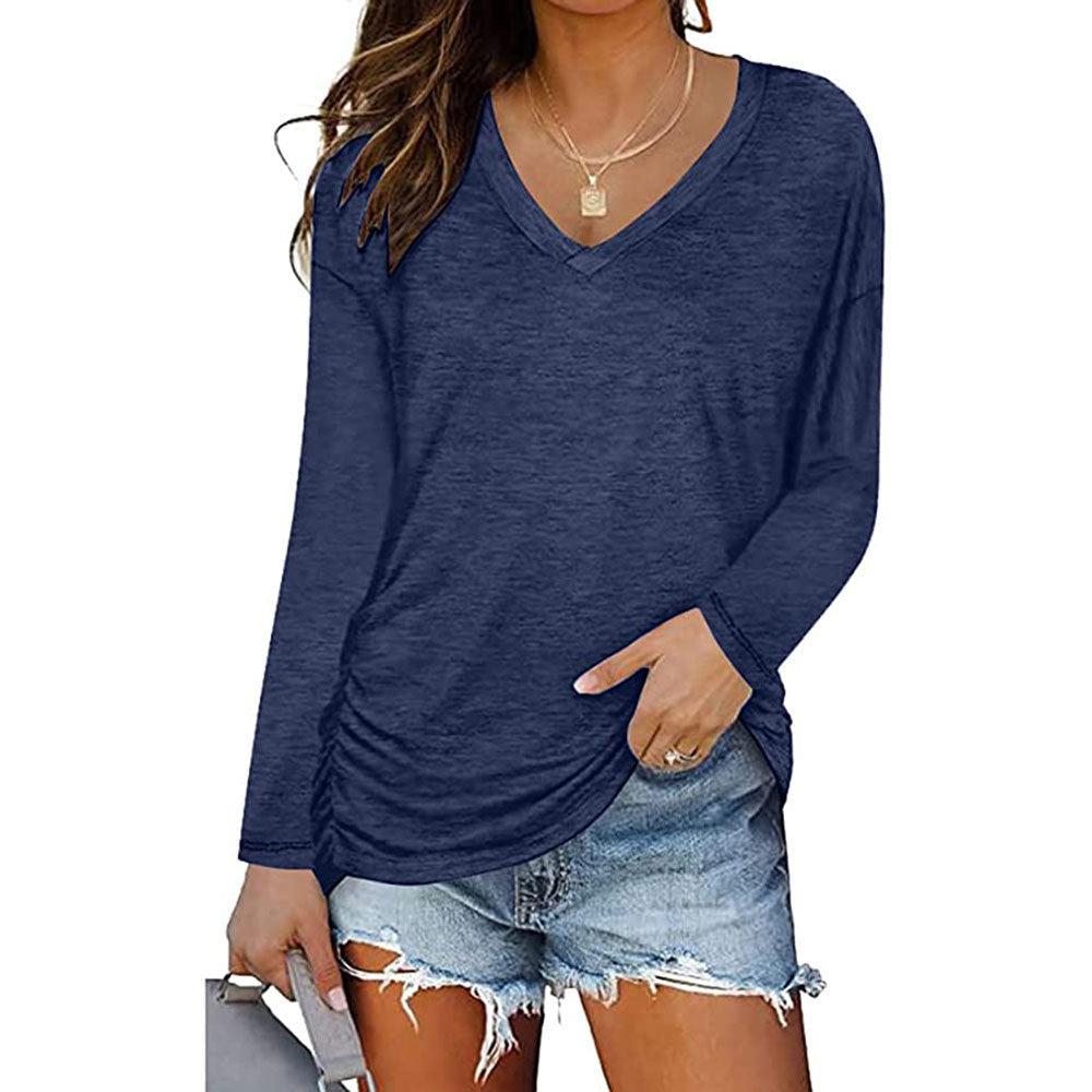 Women's V-neck Pleating Long Sleeve T-shirt Solid Color Blouses