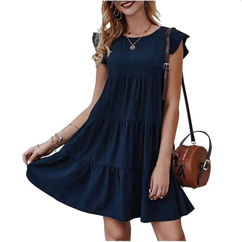 Color Round Neck Sleeves Casual Cake Pleated Dresses