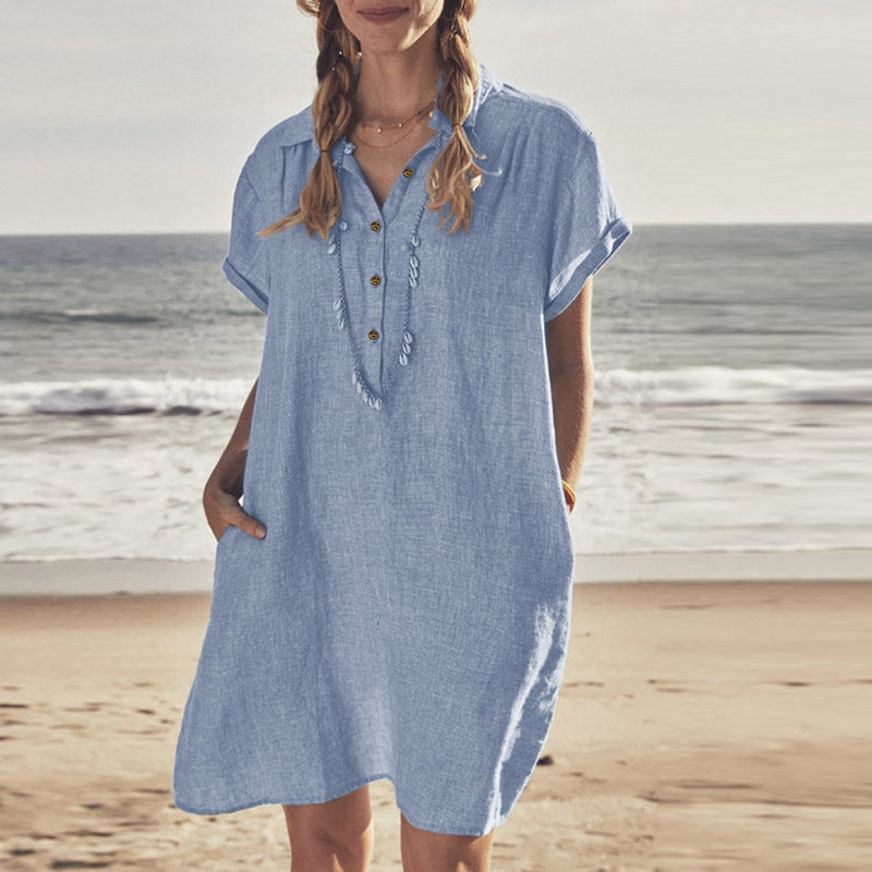 Cotton Linen Shirt Dress Pocket Beach Dresses
