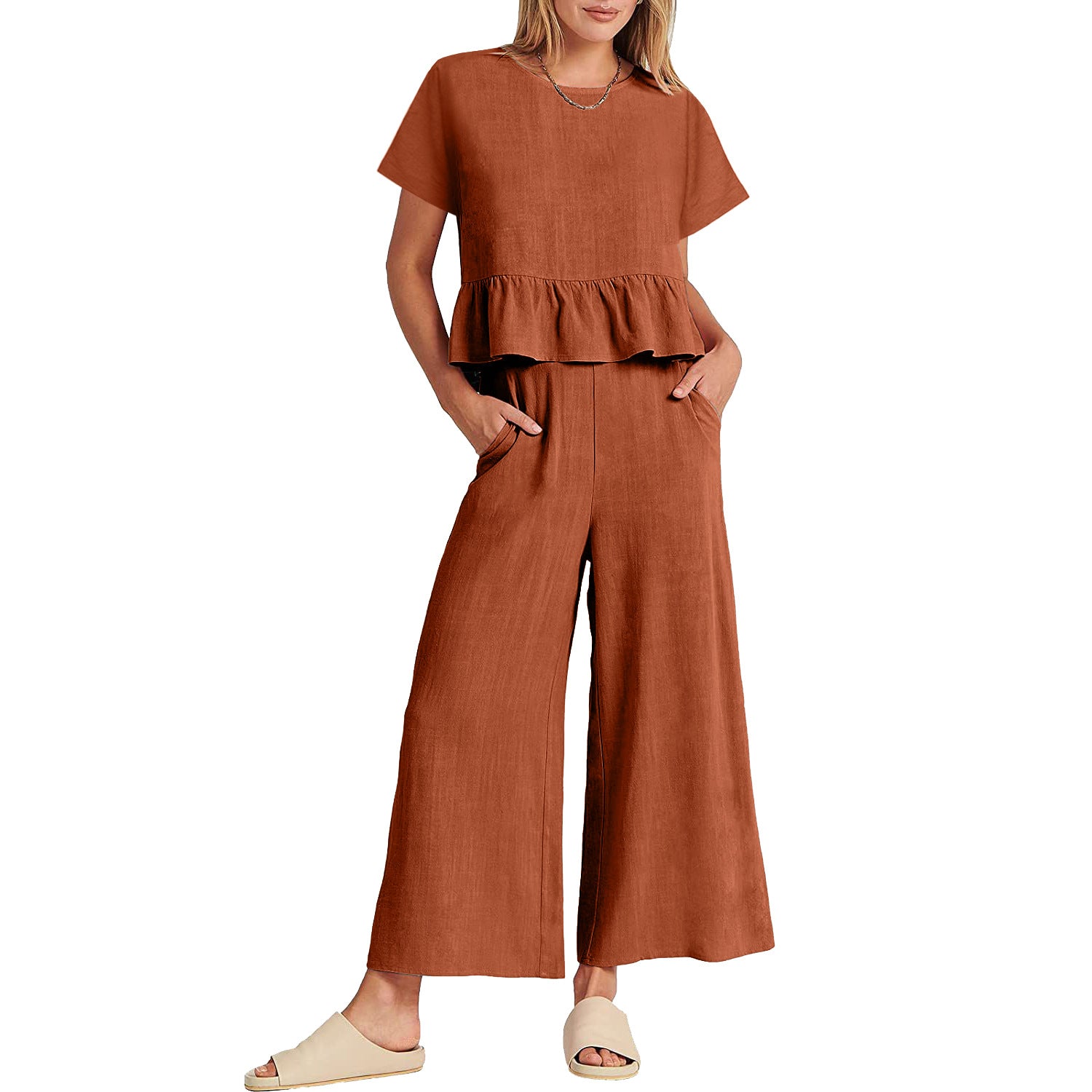 Women's Summer Sleeve Pleated Sleeves Wide Leg Suits