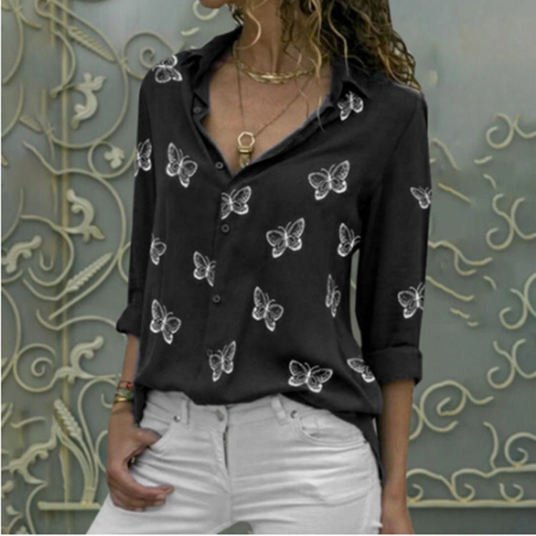 Women's Popular Butterfly Print Loose Lapels Shirt Blouses