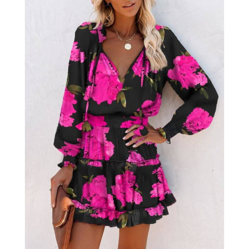 Beautiful Long Sleeve V-neck Printed Waist-controlled Dresses