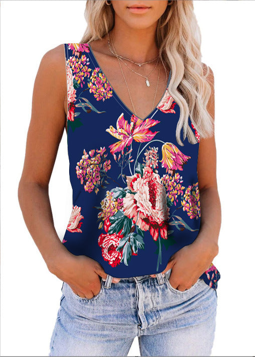 Women's Summer Digital Print V-neck Sleeveless T-shirts Blouses