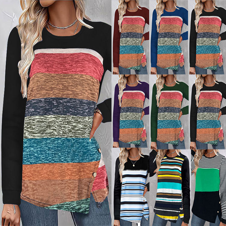 Women's Neck Hem Irregular Mixed Color Stripe Button Long Sleeve Blouses