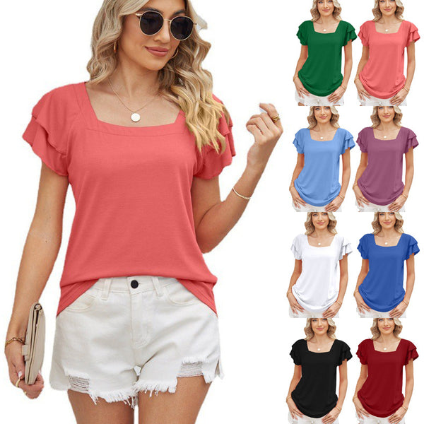 Women's Solid Color Square Collar Double Layer Blouses