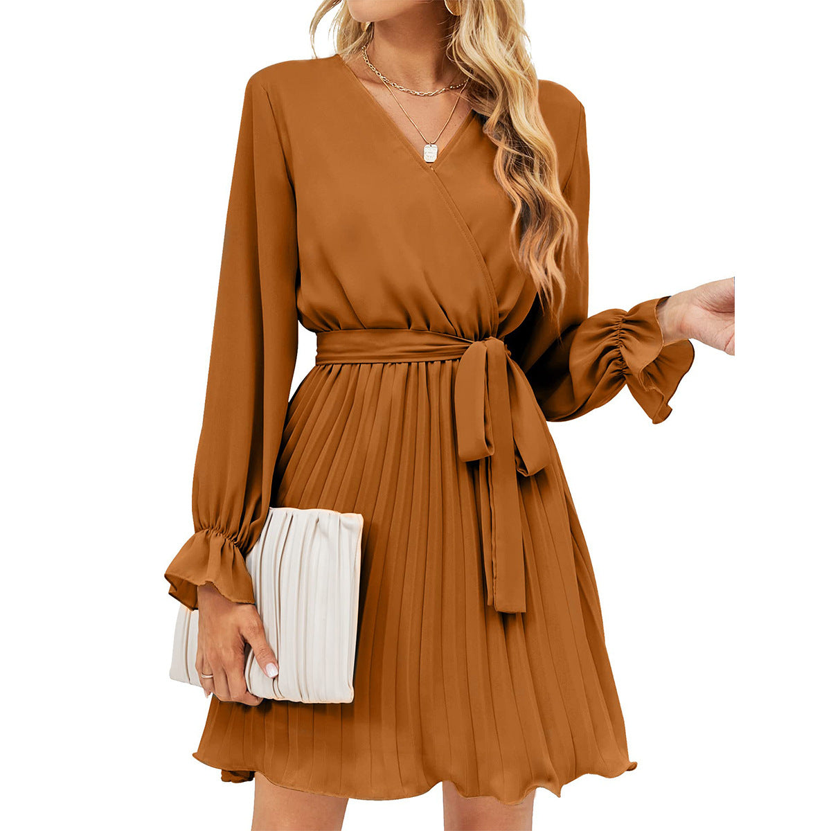 Women's Wrap V-neck Pleated Long Sleeve Mini Dresses