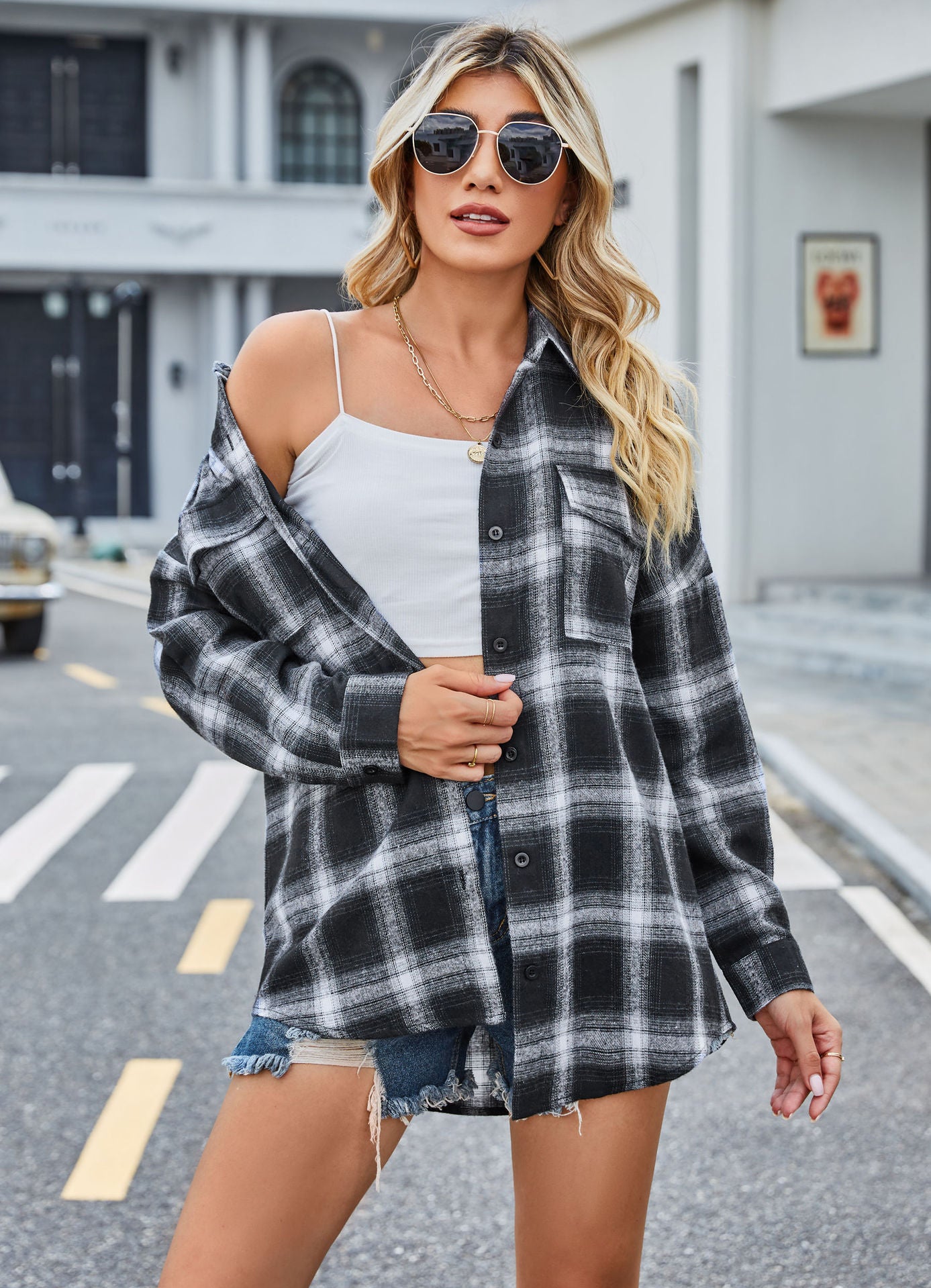 Women's Casual Long-sleeved Flannel Plaid Pocket Shirt Sweaters