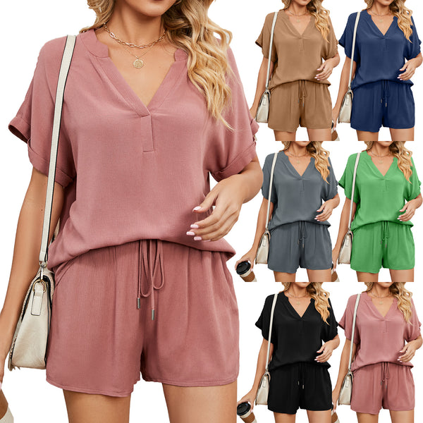 Solid Color V-neck Loose Home Leisure Suits