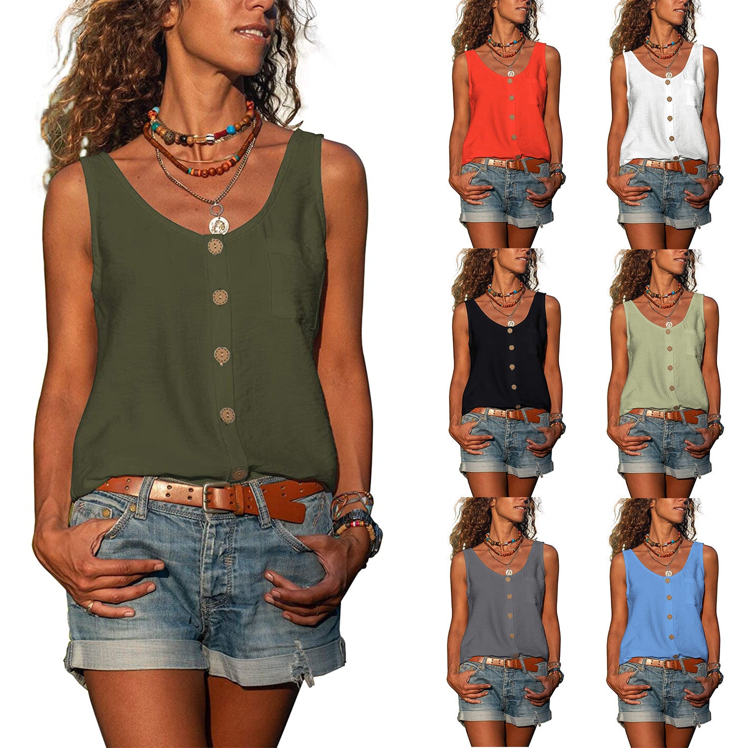 Women's Summer Solid Color V-neck Button Shirt Sleeveless Blouses