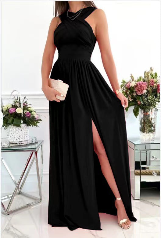 Women's Sleeveless Halter Backless Slit Hemline At Dresses