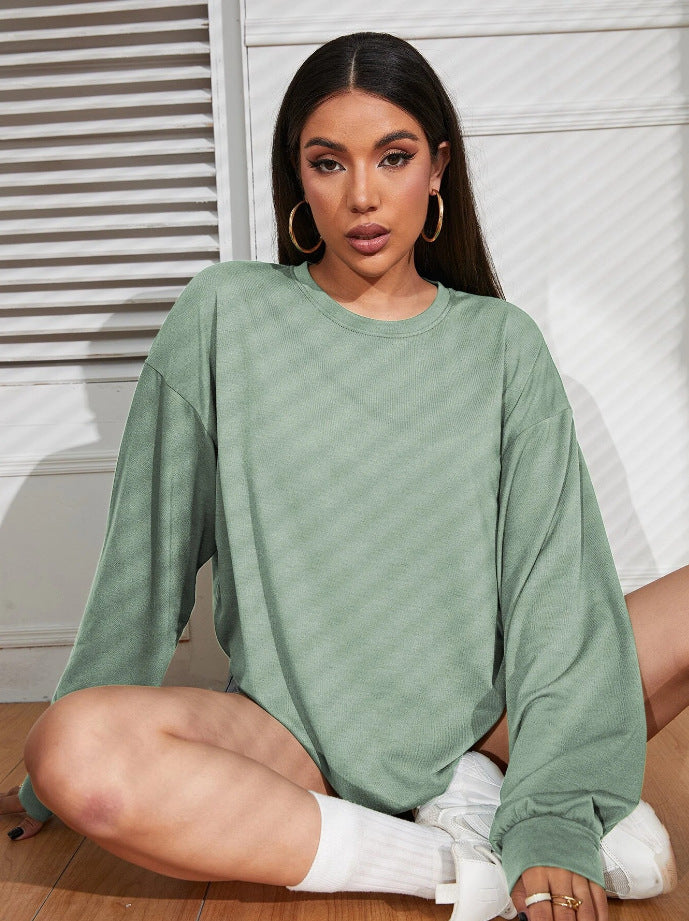 Slouchy Solid Round Neck T-shirt Leisure Blouses