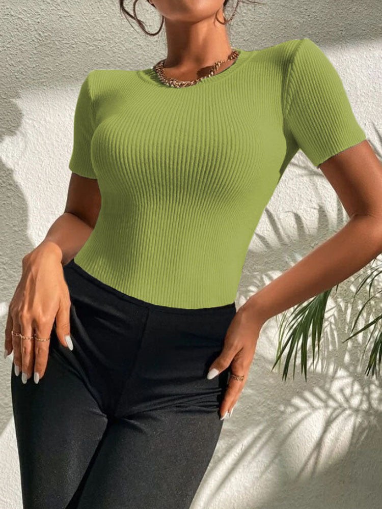 Women's Round Neck Solid Color Short-sleeved Knitted Blouses