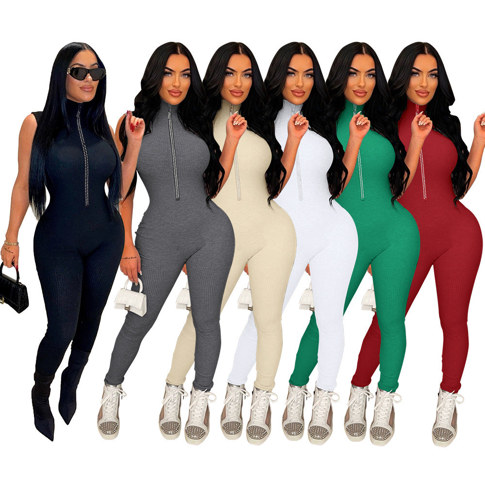 Women's Weimeizi Wear Solid Color Brick Zipper Jumpsuits