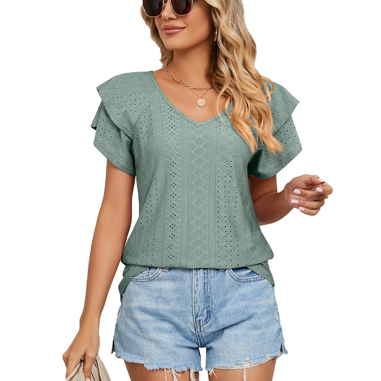 Women's Solid Color Double-layer Sleeve V-neck Loose Blouses