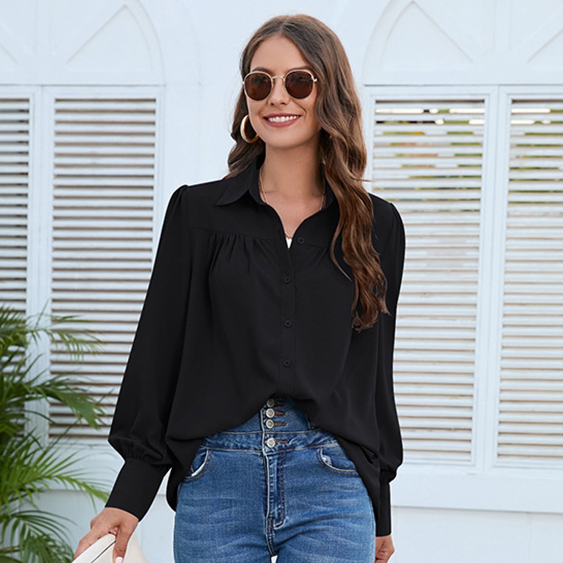 Women's Versatile Chiffon Shirt Pleated Long-sleeved Blouses