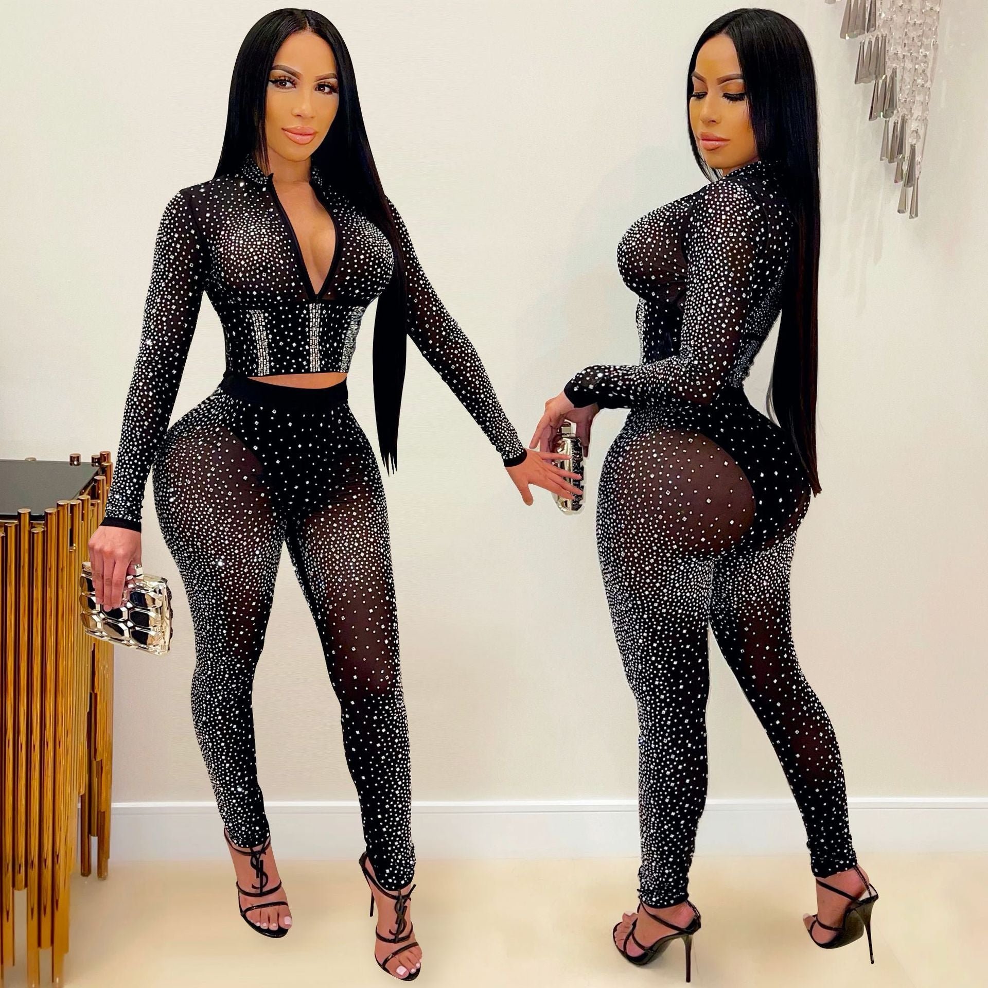 Women's Fashion Nightclub Rhinestone Long-sleeved Trousers Two-piece Suits