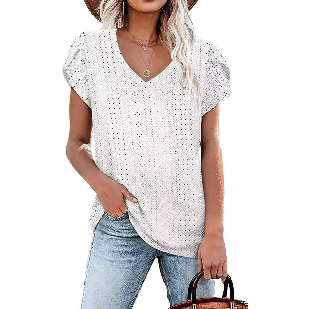 Women's Solid Color V-neck Tile Sleeve Loose Blouses