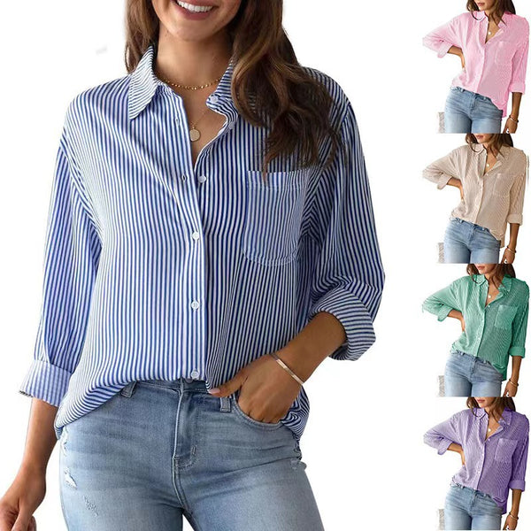 Women's Striped Loose Casual Long Sleeves Shirt Blouses