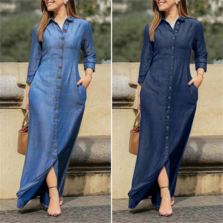 Classic Denim Collar Buttons Long Dress Dresses