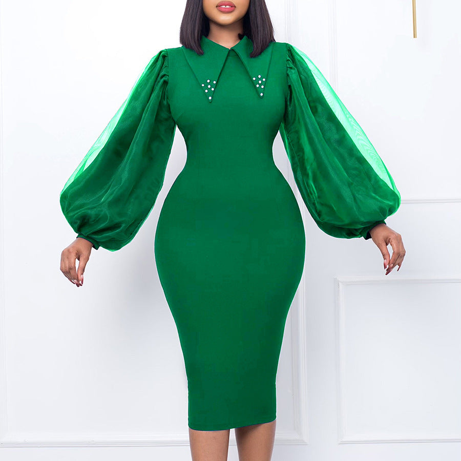 Women's Long Sleeve Beaded Mesh Stitching Pencil Dresses